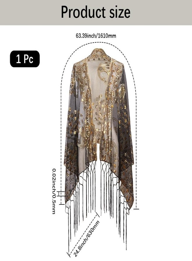 CABODYALS Black Floral Lace Shawl Wraps Sparkly Sequin Fringe Tassel Scarf with Gold Flower Peacock Patterns Vintage 1920S Long Chiffon Pashmina Shawls for Women Evening Dress Formal Wedding Party - Image 2